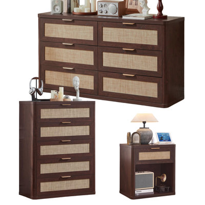 Rattan Dresser and Nightstand Set of 3, Boho Wood Bedroom Furniture, 6-Drawer Dresser, 5-Drawer Dresser, and Nightstand with Charging Station