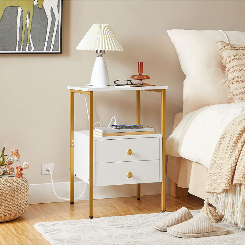 Pake 2 - Drawer 23.6" Tall Iron Nightstand with Storage and Built-In Outlets, Gold/White