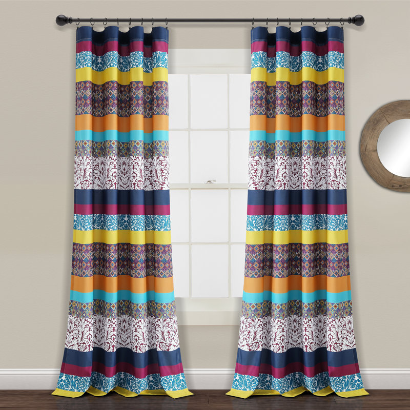 Boho Stripe Turquoise and Orange Polyester Window Curtain Panels