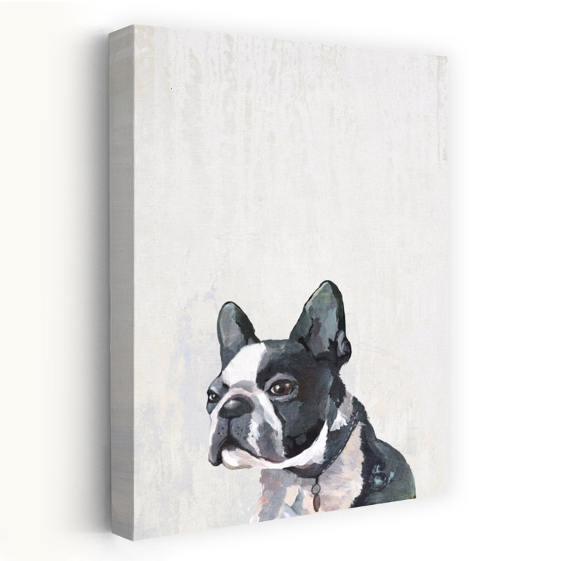 Frenchie, chiot moderne blanc, noir, peinture d'art minimaliste Moderne, H 24 po x l 16 po