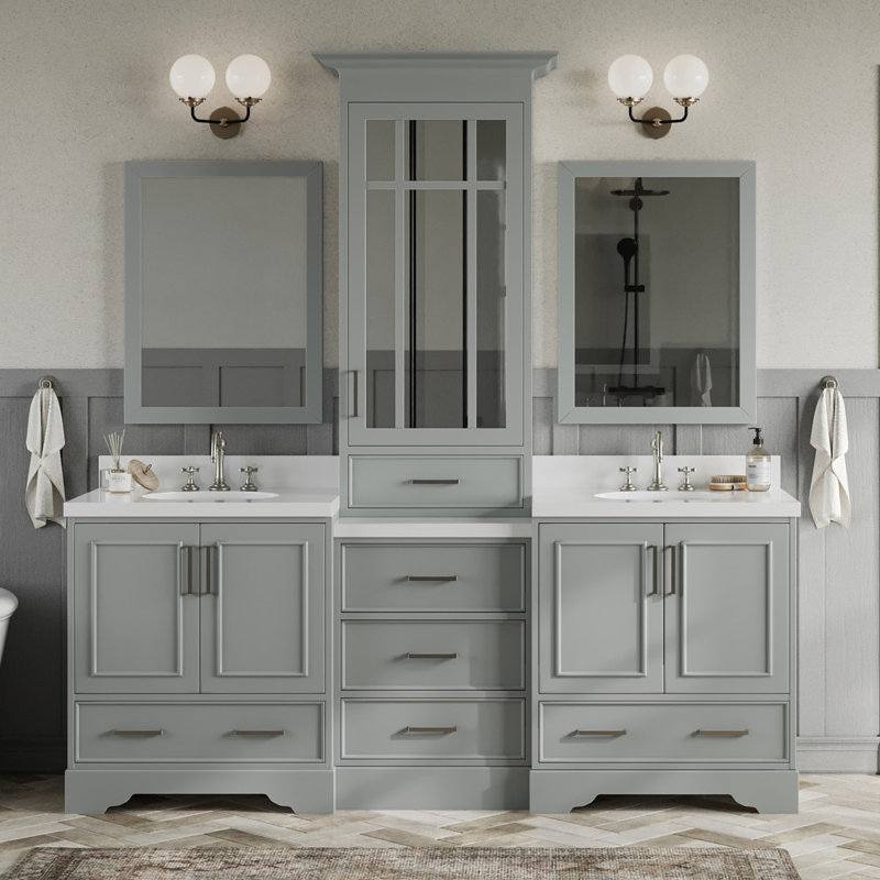 Buckhorn Abshire 85" Double Sink Bathroom Vanity with Mirror, Gray