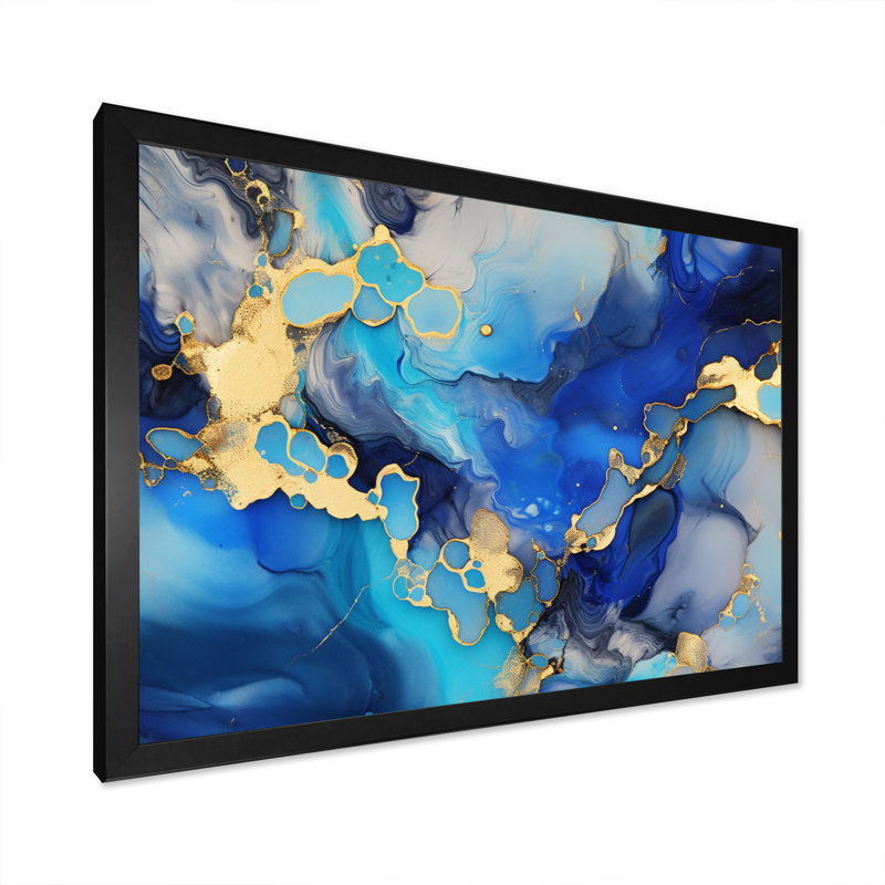 «Blue and Gold Luxury Abstract Fluid Art I», reproduction sur toile, H 12 po x l 20 po x P 1 po, Cadre photo noir