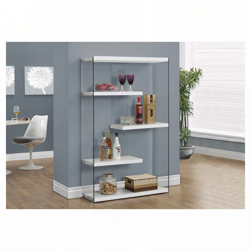 Bibliothèque, bibliothèque, étagère, 5 niveaux, h 60 po, bureau, chambre à coucher, stratifié blanc brillant, verre trempé transparent, contemporain, moderne