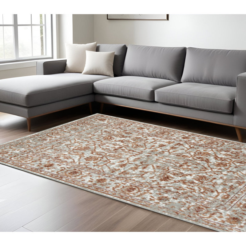 Tapis floral tissé à la machine 9 pi x 12 pi gris et rouille