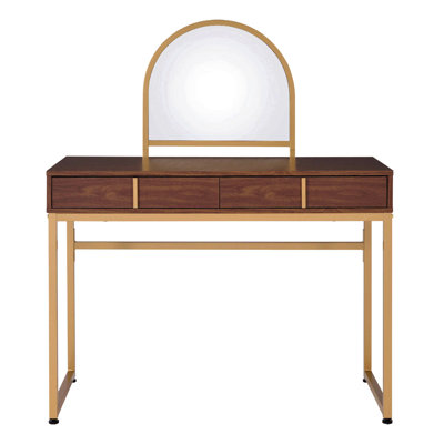 Bureau de coiffeuse 2 tiroirs avec miroir et plateau à bijoux, noyer et or