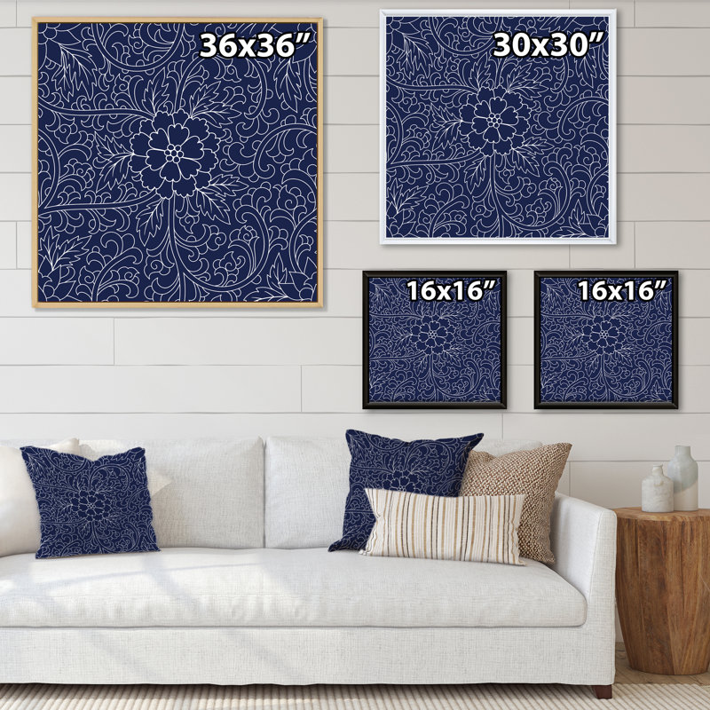 Motif chinois bleu foncé - impression sur toile moderne, Cadre flottant en érable, H 36 po x l 36 po x P 1 po