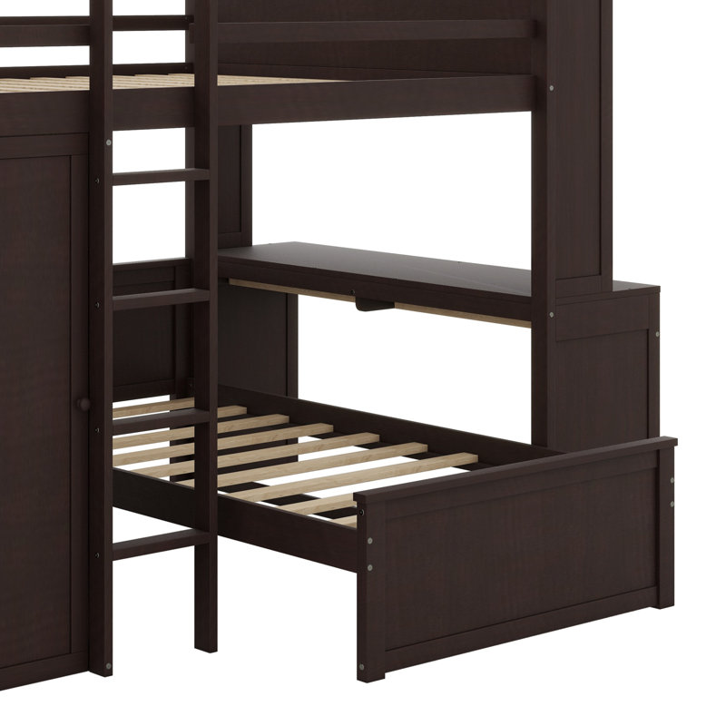 Lit mezzanine avec lit autonome, tablettes, bureau et garde-robe, Brun