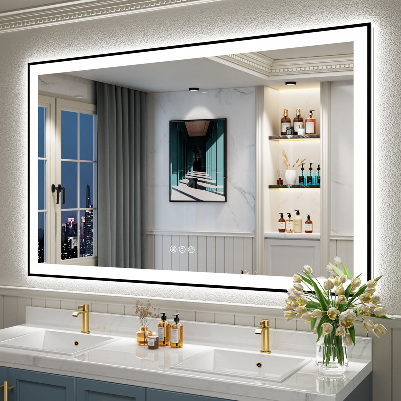 Tyeishia Matte Black Matel Framed LED Bathroom Mirror with Front-lit and Back-lit, Memory Function, 3 Color Temperatures & Dimmable Light, Anti-fog Tempered Glass