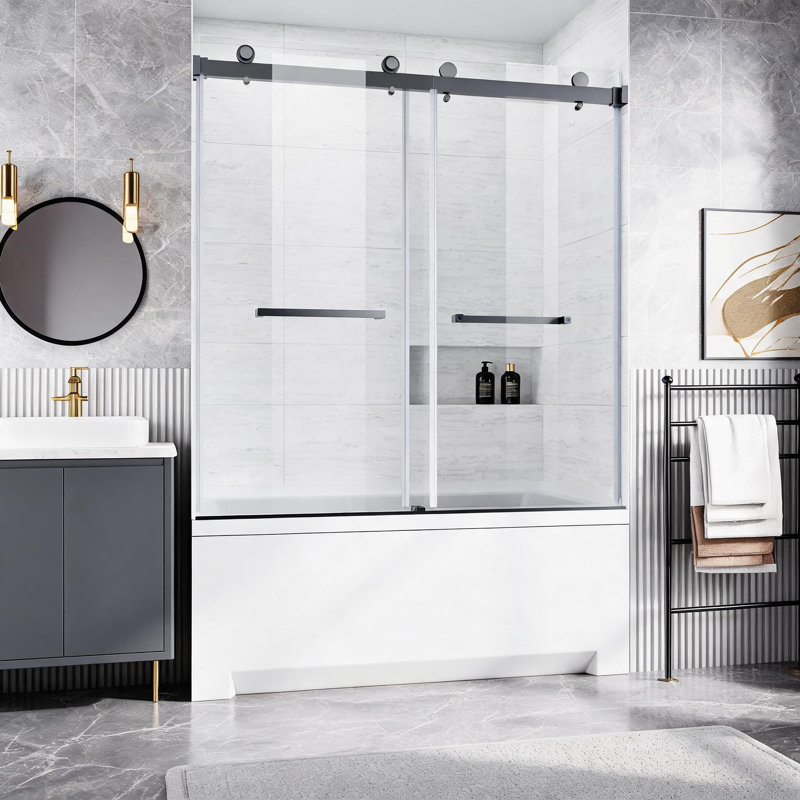 Porte de baignoire coulissante sans cadre, noir mat, de 56 à 60 pouces, avec verre trempé transparent et quincaillerie en acier inoxydable.