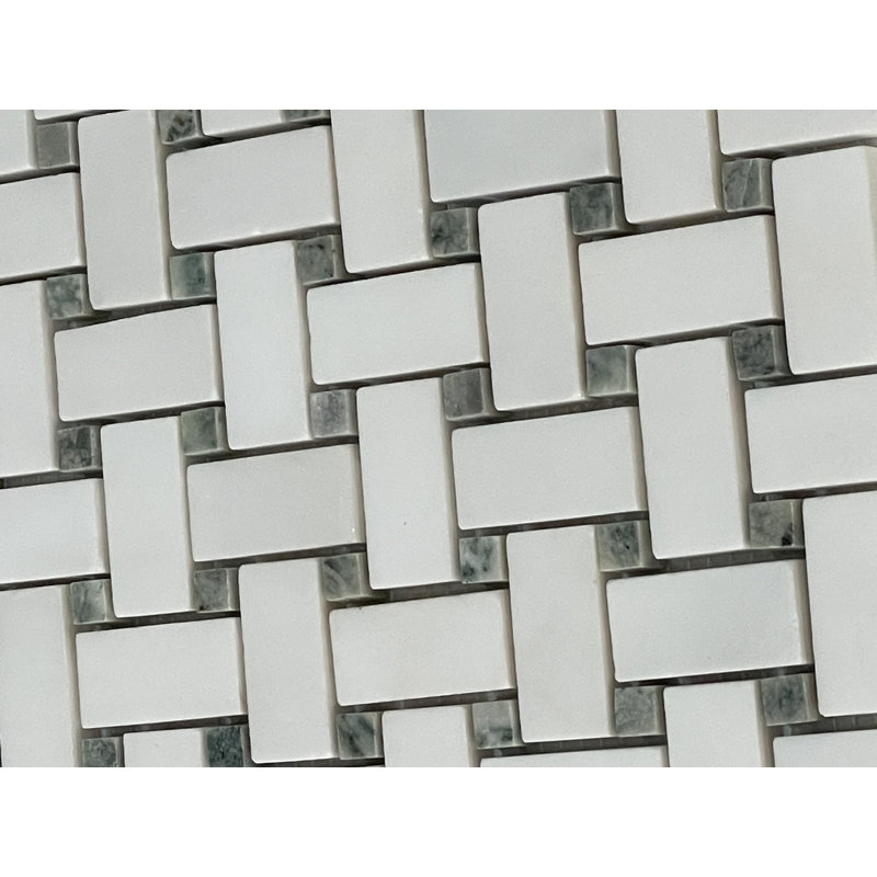 1" x 2" White Marble Basketweave Polished Mosaic Natural Stone Mosaic Tile, White/Green