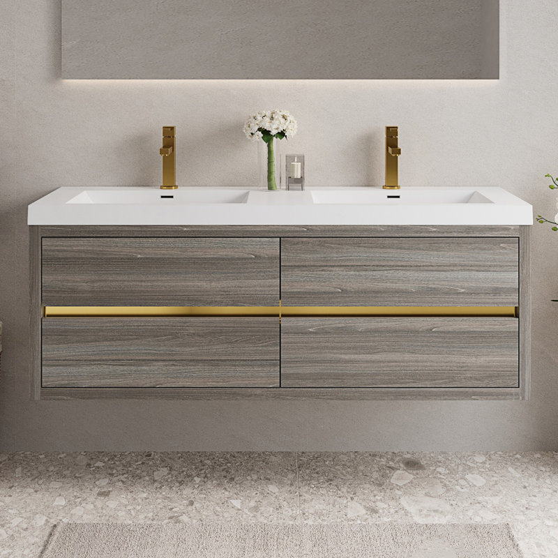 Meuble-lavabo mural avec double lavabo, Bois de frêne gris, 59"