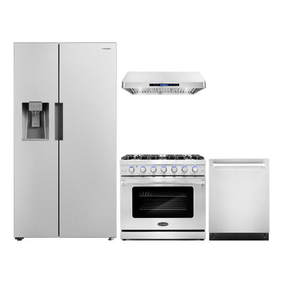 Cosmo 4 Piece Kitchen Appliance Package with Side By Side Refrigerator 36'' Gas Freestanding Built-In Under Cabinet Range Hood
