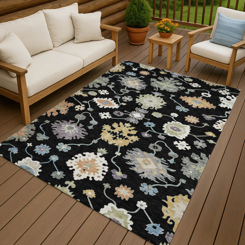 Machine Washable Indoor/Outdoor Chantille ACN2532 Traditional Rug, Rectangle 10' x 14', Black