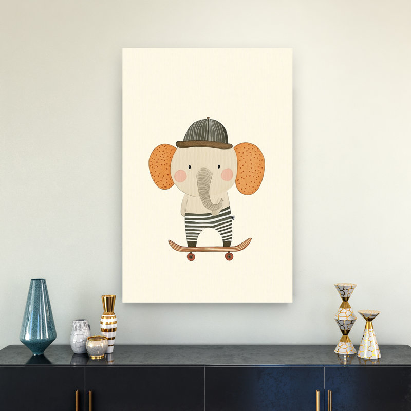 Cute Elephant Skater Playful Whimsical Contemporary Elephant Wall Art Print 1 Piece Wrapped Canvas Wall Art