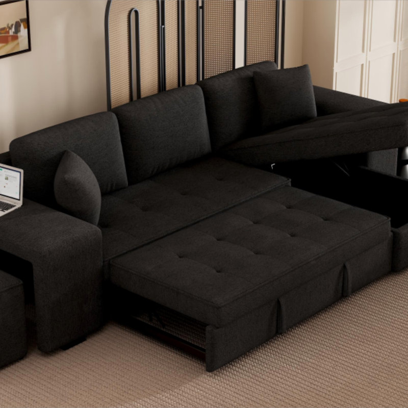 Upholstered Sectional Right Hand Facing, Gray Linen, Left Hand Facing