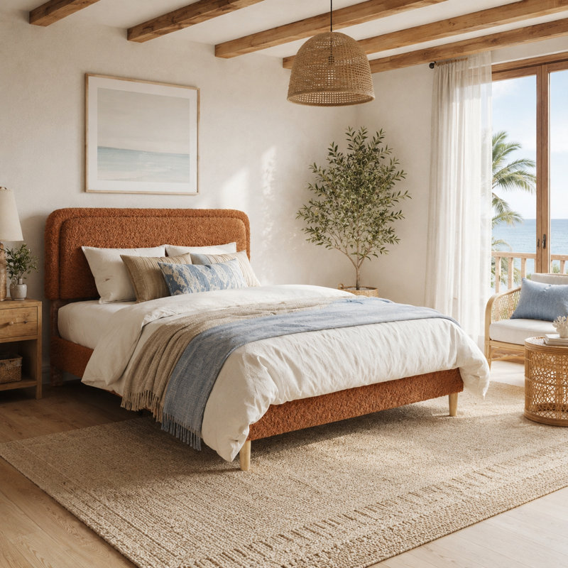 Structure de lit double, lit plateforme rembourré moelleux avec tête de lit réglable en hauteur, structure robuste et Alats, conception silencieuse, compatible avec les matelas sans ressorts, facile à assembler, brun