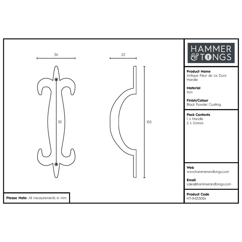 Hammer & Tongs - Antique Fleur De Lis Door Handle - H105mm - Black