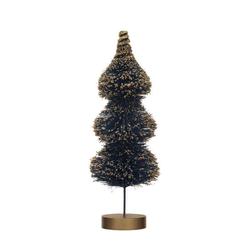 Arbre à brosse en sisal avec paillettes dorées et base en bois