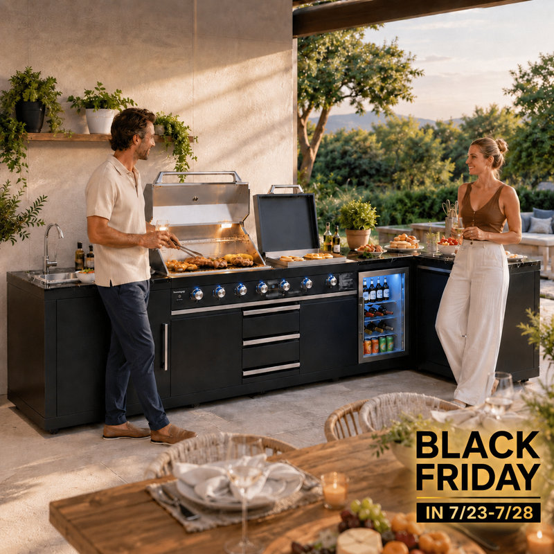 Cuisine extérieure modulaire 5 pièces avec barbecue, réfrigérateur, évier, rangement pour déchets, armoire d'angle et station de cuisson latérale 2 en 1 Akoah