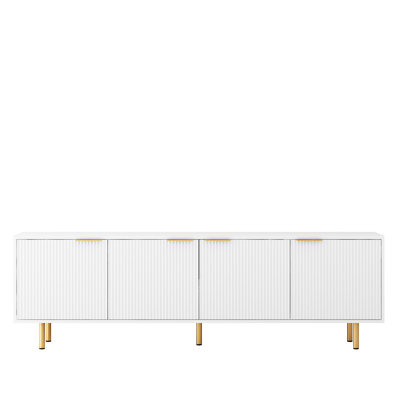 White Fluted Tv Cabinet With Power Outlet, 68" For 70-79 Inch Tv, Entertainment Center Bins, Console Living Room Plug, Stand Shelves, Media
