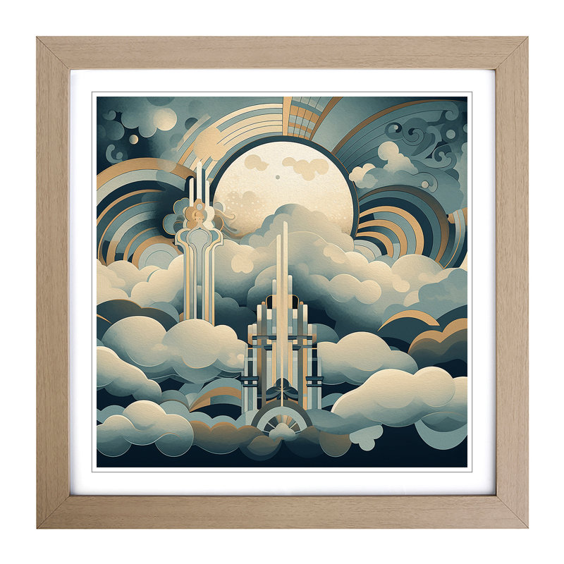 Cloudy Sky Art Deco No.1 - Single Picture Frame Print on Wood, Oak