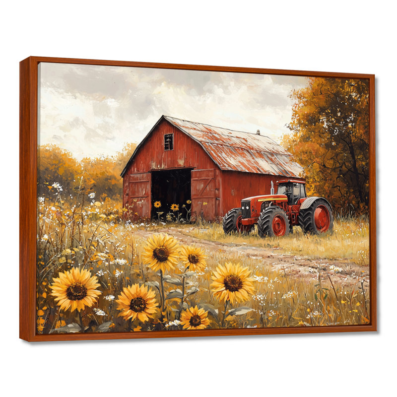 Doneta tournesols et la remise de tracteur I - tournesols, art mural, H 16 po x l 32 po, Impression encadrée flottante, Brun