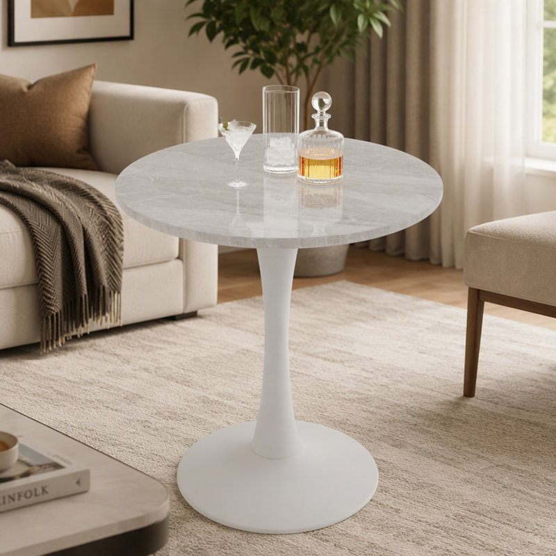 Table basse de 27,6 po blanche, table de salle à manger de style Mid-Century moderne pour 2 à 4 personnes, plateau de table rond en marbre veiné de blanc, parfaite pour divers espaces