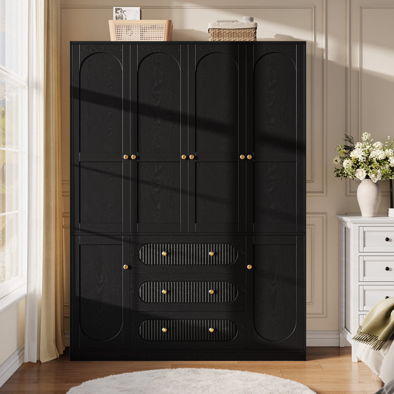 Armoire luxueuse 72 po à 4 portes avec 3 tiroirs et 3 tringles suspendues, Noir satiné