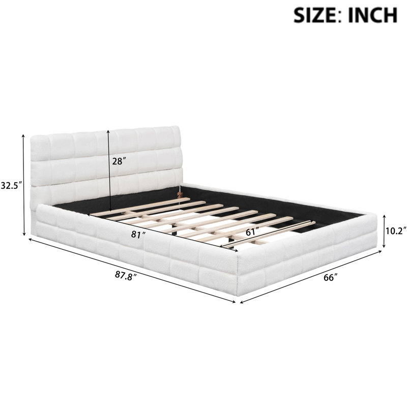 Grand lit tapissier - blanc, construction en bois de pin et sans sommier, poids de 112 lb, structure de plateforme intemporelle d'une capacité de 500 lb, l 66 po x L 87,8 po