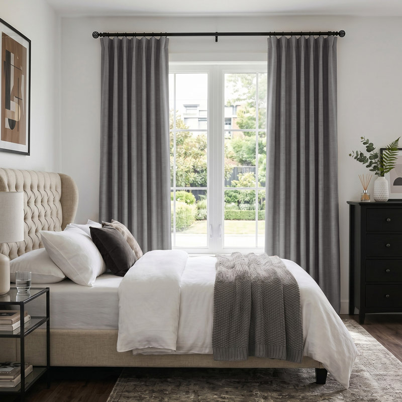 Birglinde Faux Linen Thermal 100% Blackout Curtains Rod Pocket/Ring Clips, 50" W x 108" L, Dark Gray