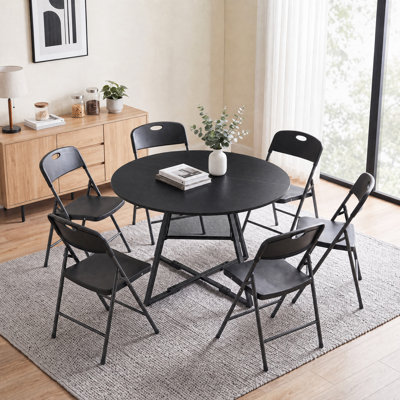 Space-Saving Dining Room Set With Foldable Upholstered Chairs And Round Dining Table