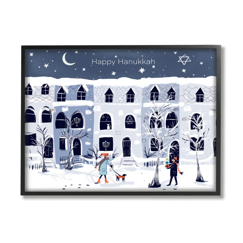 «Happy Hanukkah Winter City» par Susse Linton, Giclée encadrée noir minuit, H 11 po x l 14 po