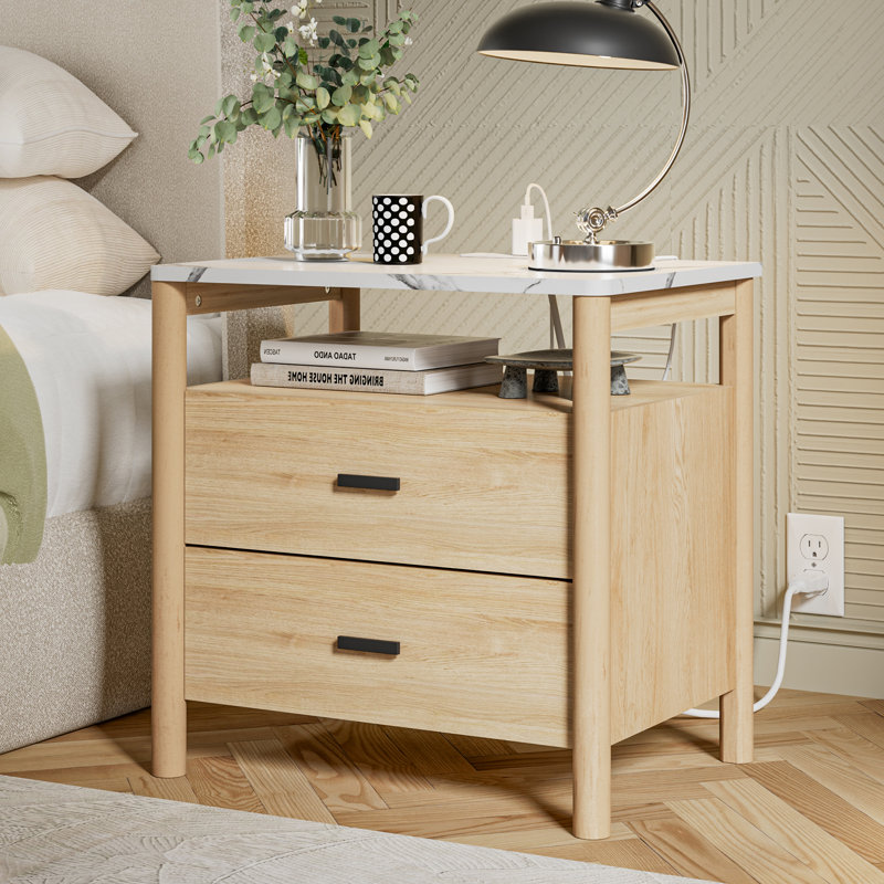 Grande table de chevet 24 po avec station de charge, pieds de poteaux ronds massifs, table de bout à 2 tiroirs avec tablette ouverte