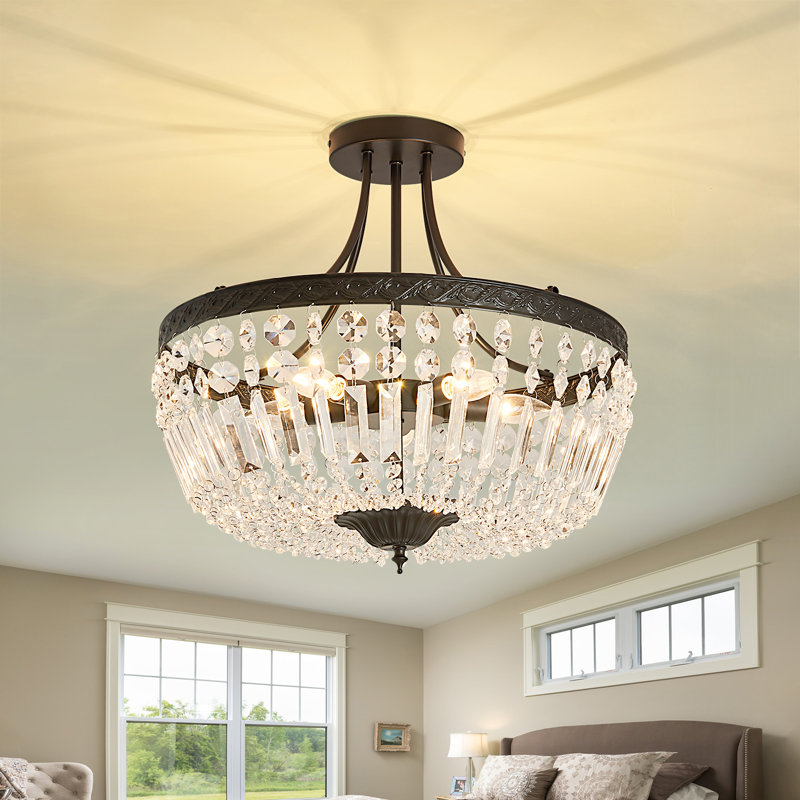 Plafonnier semi-encastré 5 lumières de style lustre 19,68 po avec détails en cristal