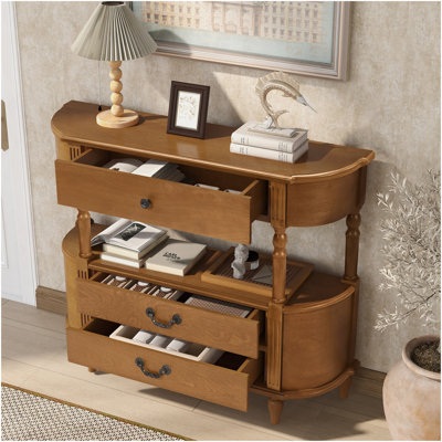 Console rétro en bois courbé avec 3 tiroirs, table d'entrée de 43 po avec tablette de rangement, canapé derrière le canapé avec pieds en bois pour le couloir du salon, brun