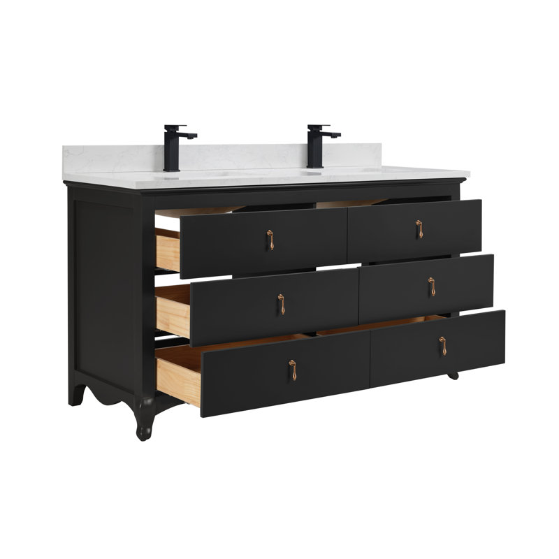 60" Solid Wood Double Bathroom Vanity with 1" Engineered Marble Top, Tricon Black