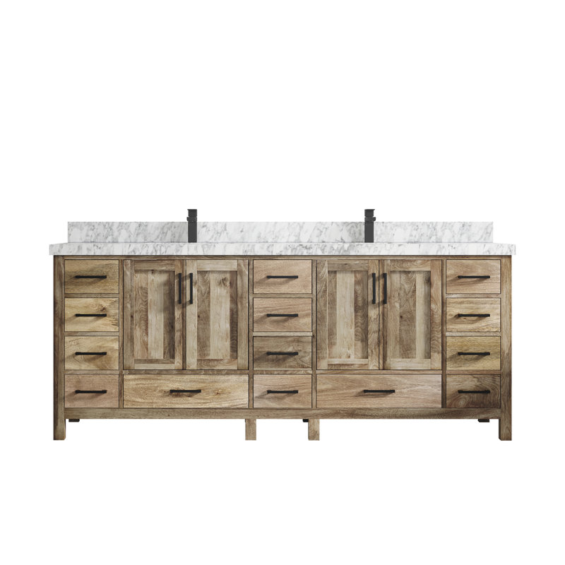 Malibu 84'' Natural Mango Wood Double Bathroom Vanity with Carrara Marble Top
