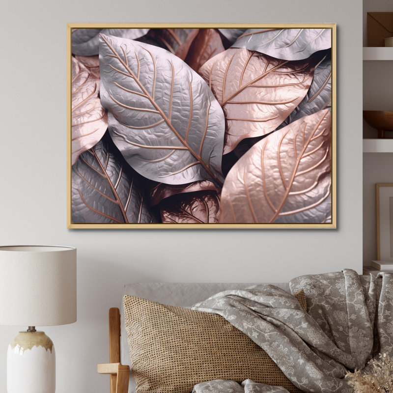 «Gold Pink Leafs Harmony I» sur toile, H 16 po x l 32 po x P 1 po, Cadre naturel flottant