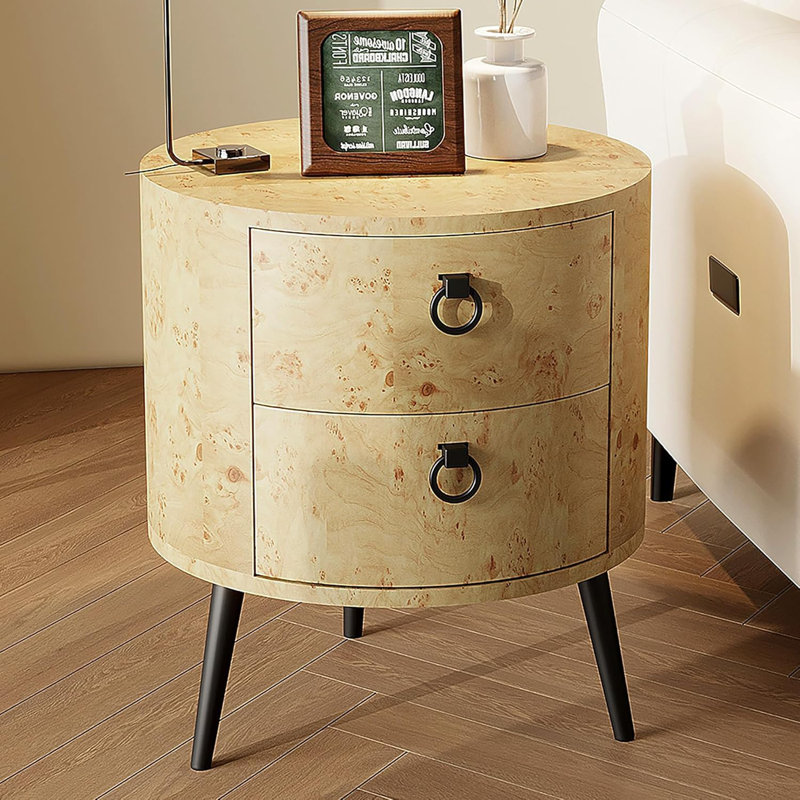 Round Side Table with Drawers, Modern Night Stand with Storage, Wooden Accent End Table