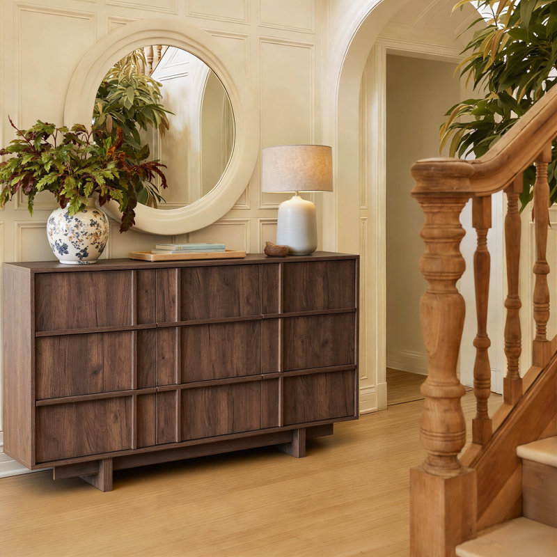 Commode 9 tiroirs, commode moderne Mid-Century avec rangement, commode de 55 po de largeur avec lignes squelettes et texture grain de bois, meuble télé minimaliste pour commode pour chambre à coucher, salon, noyer