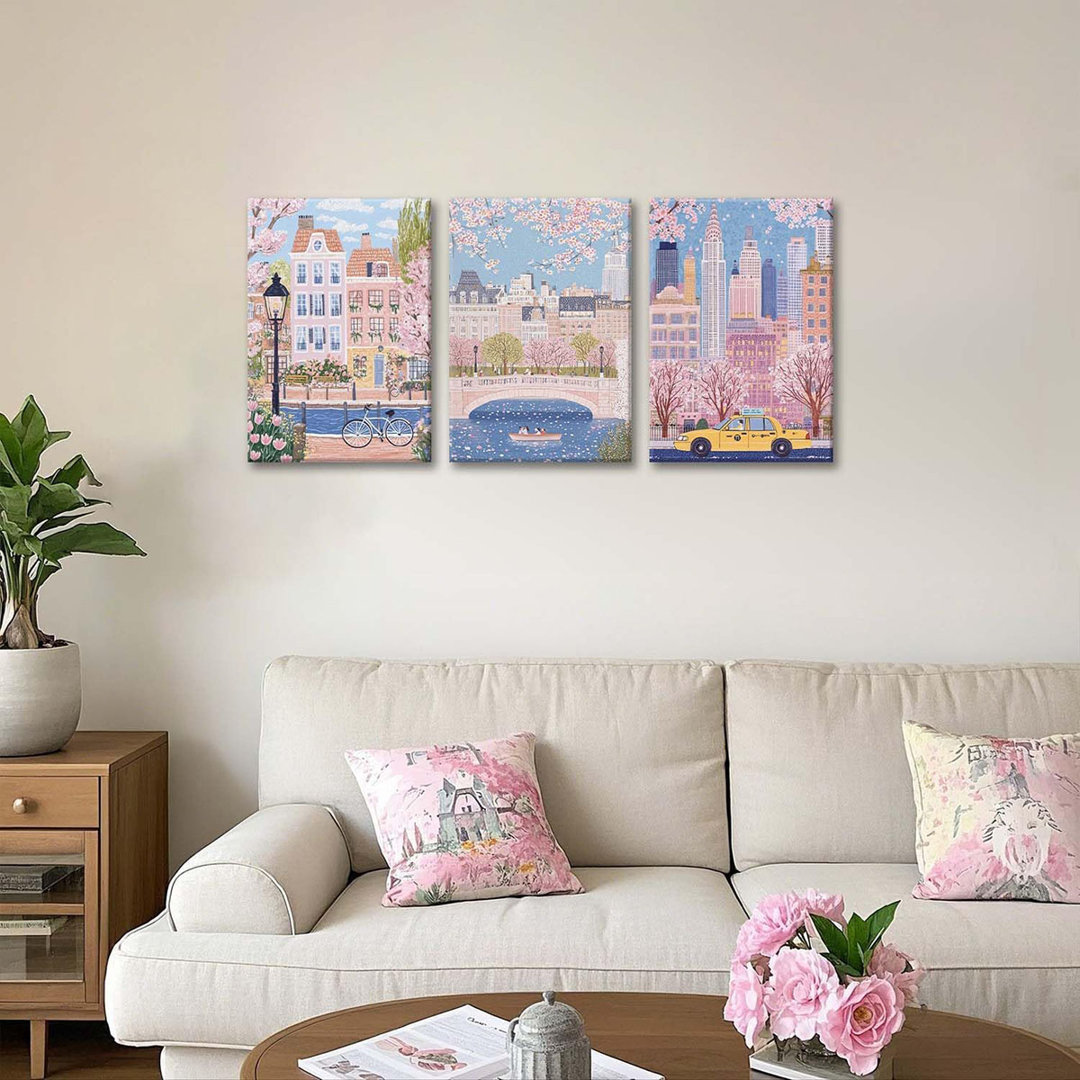 Watercolor City Landscape Travel Wall Art Canvas Framed Pink Cherry Flower Poster Girly Prints Painting Pictures Set Of 3 For Bedroom Living Room Offi