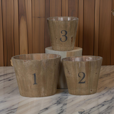  Ensemble de 3 pots à fleurs en bois brun à motif numéroté assortis