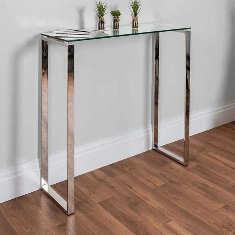 Berlind Modern Glass Console Table – Stainless Steel Base, Entryway & Living Room Accent Table, Gold, 30" H x 30" W x 8" D