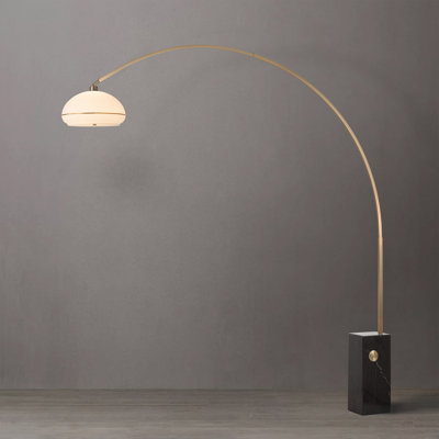 Iconic 95" Arc Lamp - Mid-Century Modern Style, Weathered Brass Steel, Black Marble Base, Oval White Lucite Shade, Dimmable, Smart Switch Compatible