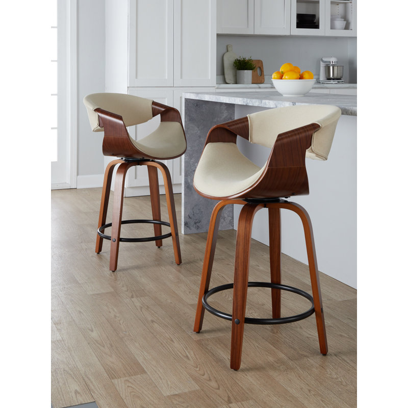 Curvini 24" Mid-Century Modern Fixed-Height Counter Stool With Swivel In Walnut Wood And Cream Fabric With Round Black Metal Footrest - Set Of 2