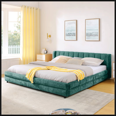 Très grande base de lit tapissier avec tissu chenille épais, tête de lit confortable et tiroir de rangement pour les chambres modernes