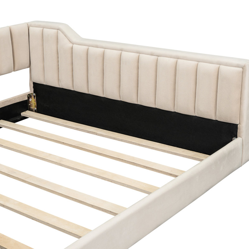 Full Xl Sized Beige Upholstered Daybed With Side Pocket - Versatile And Stylish For Modern Homes No Box Spring Required, Easy Assembly Steps Velvet Storage Chic Functional Guest Rooms Needed,