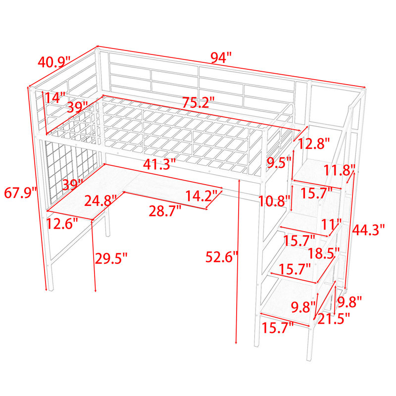 Ardella Metal Loft Bed with Desk and Wardrobe, Black, Twin