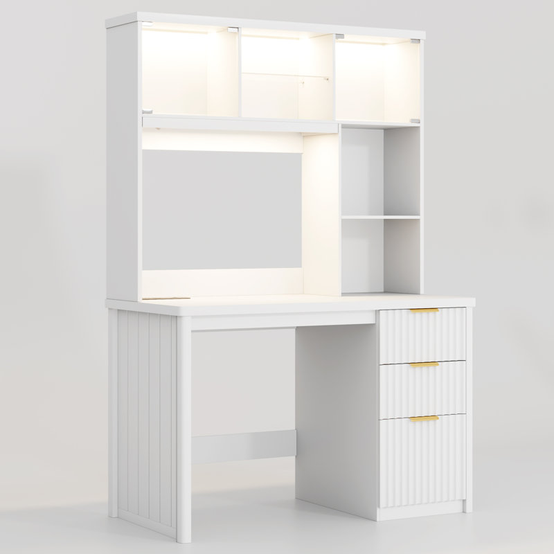 Computer Desk with Power Outlet and Tri-Color Light, Home Office Desk with File Drawer, White