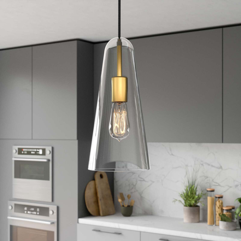 Luminaire suspendu 1 lumière en noir transparent, Laiton satiné